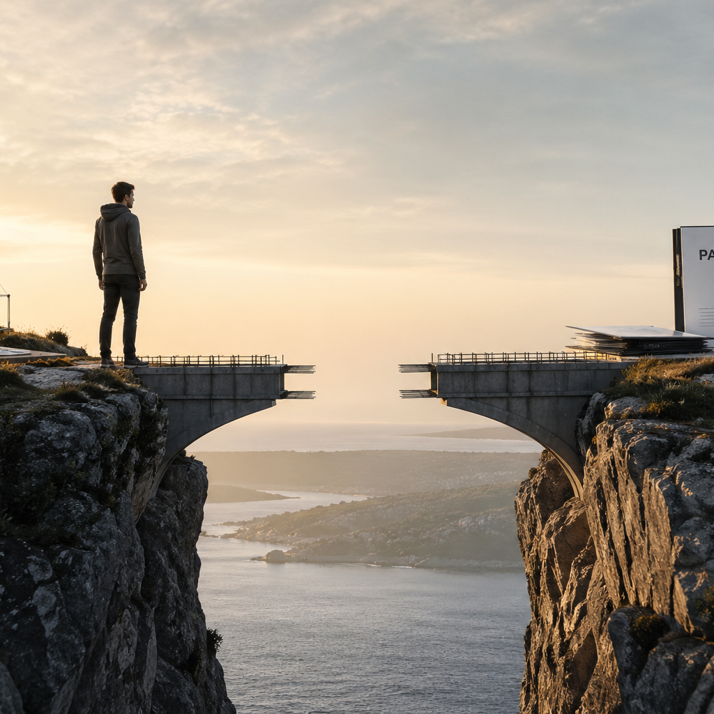 A person stands on the edge of a cliff beside an unfinished bridge over a deep ravine, with the sea and sunset in the background